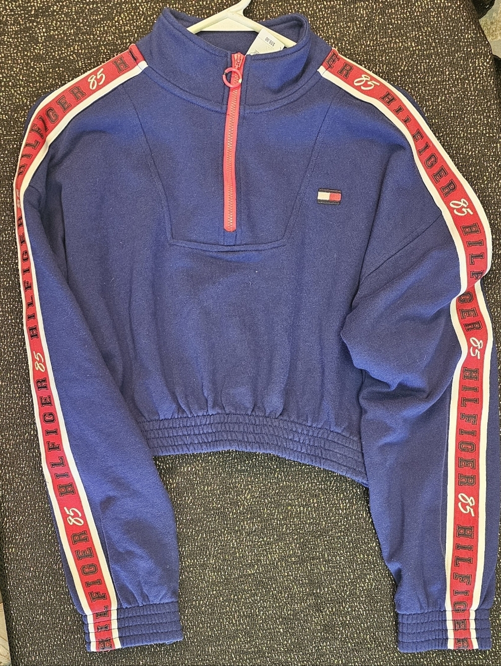 Tommy Hilfiger Navy Cropped Quarter-Zip Pullover with Red & White Stripes